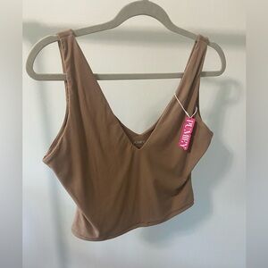 PUMIEY Women's Deep V Neck Tank Top. Tan/Taffy. Size Large.